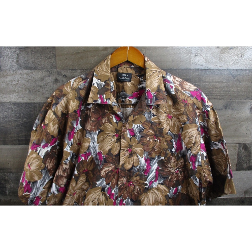 Vintage Countess Mara Shirt Mens Large Brown Floral Loop Collar Hawaiian 90s